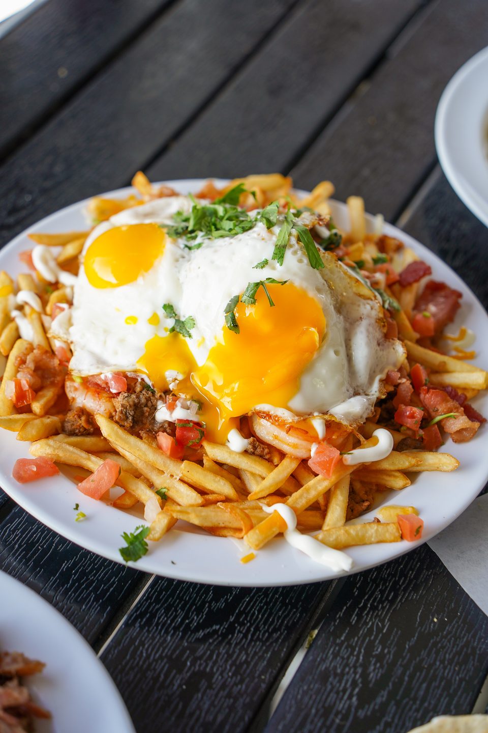 Loaded fries topped with two fried eggs, bacon, tomatoes, and cilantro on a white plate.