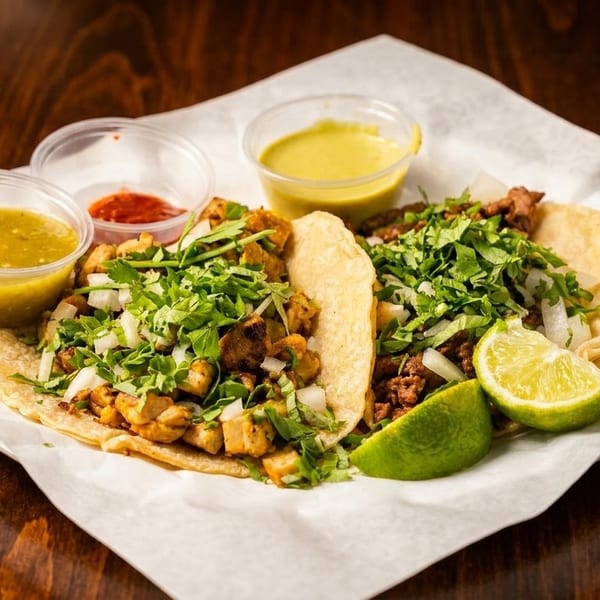 Two street tacos with meat, onions, cilantro, lime wedges, and three salsa cups on parchment paper.