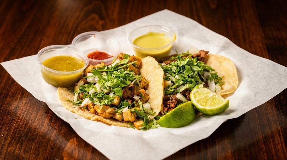 Two street tacos with meat, onions, cilantro, lime wedges, and three salsa cups on parchment paper.