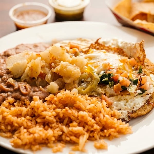 A plate of huevos rancheros with rice, refried beans, and potatoes, with chips and drinks.