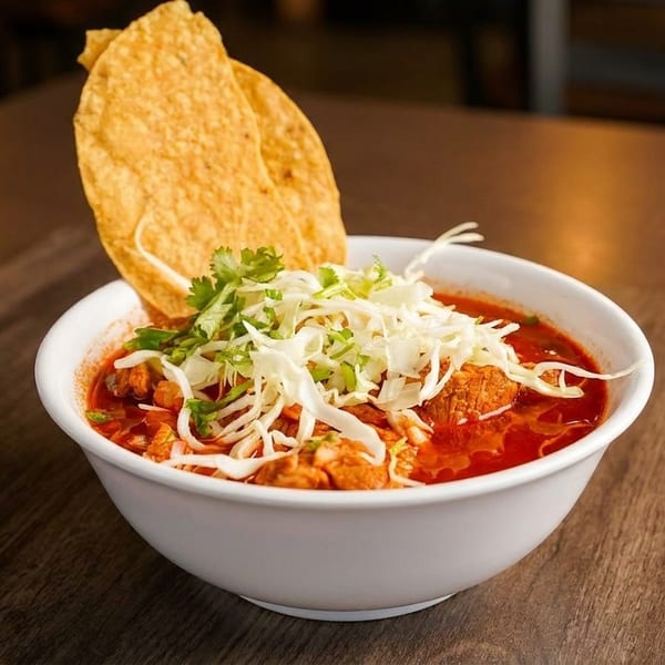 A bowl of red pozole soup with shredded cabbage, cilantro, and two tostadas.