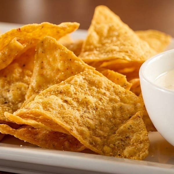 Crispy tortilla chips seasoned with spices, served on a white plate with a side of creamy white dip.