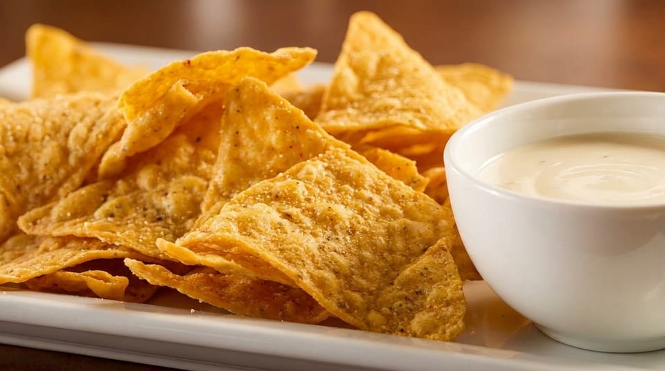Crispy tortilla chips seasoned with spices, served on a white plate with a side of creamy white dip.