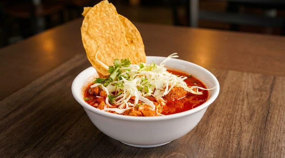 A white bowl of red pozole soup topped with shredded cabbage, cilantro, and two tostadas.