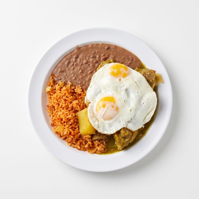 Chile Verde and Eggs Breakfast Plate.
